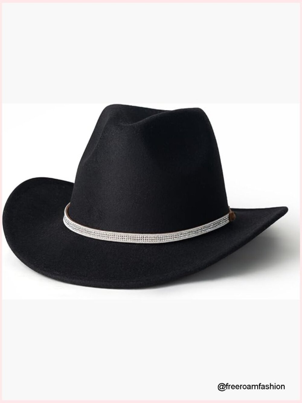 Wide Brim Felt Cowgirl Hat with Rhinestone Band, Adjustable